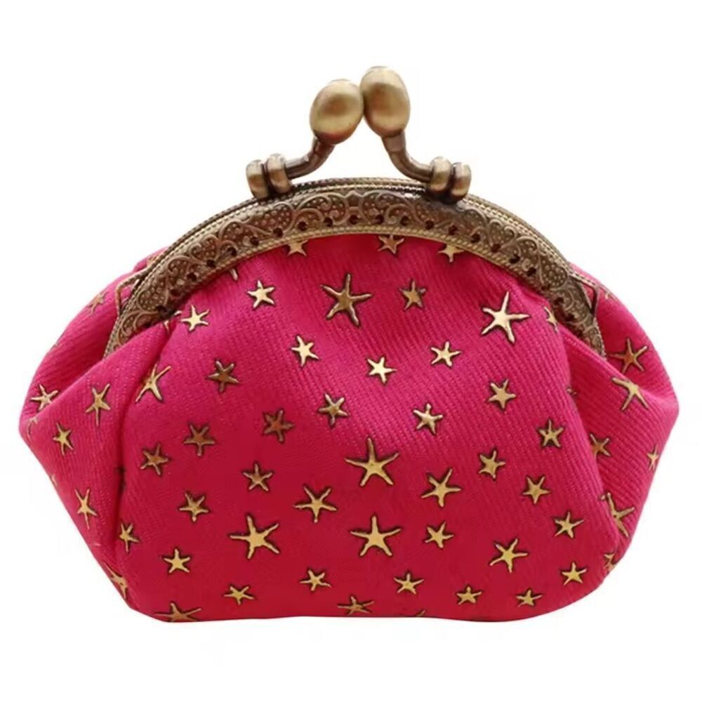 Denim fabric Small Purse Stars Print KISS Lock Pink Gold